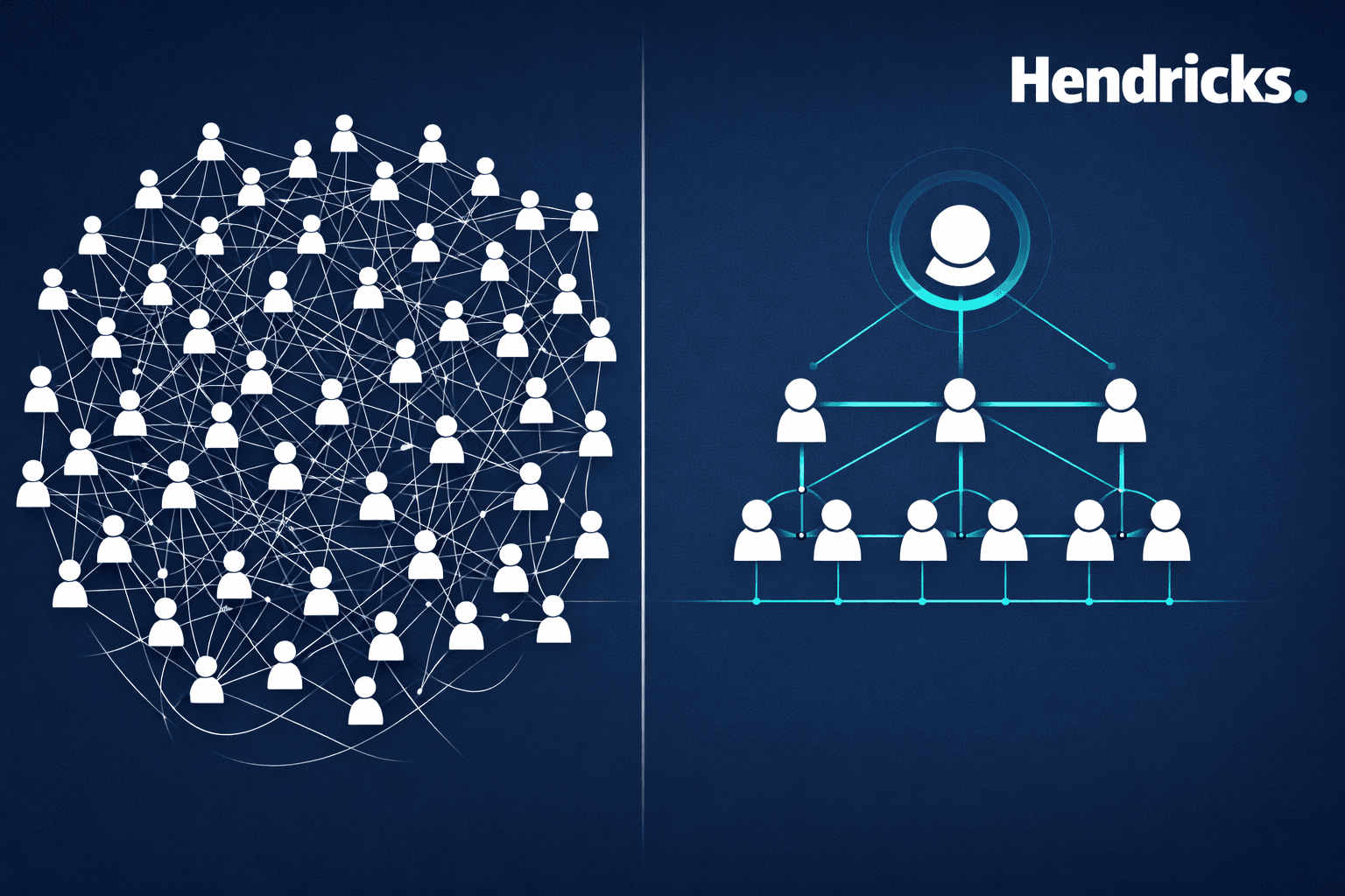 Illustration comparing chaotic unstructured AI agent sprawl versus clean orchestrated agent architecture